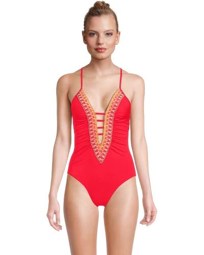 Becca Fiesta Swimsuit Women S Red Crisscross Strap Plunge Neck One Piece GBO1017