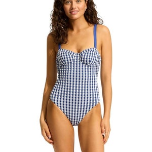 Seafolly Bella Swimsuit Women's 10 Blue High Cut Underwire One-Piece GBO1015