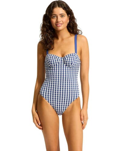 Seafolly Bella Swimsuit Women's 10 Blue High Cut Underwire One-Piece GBO1015
