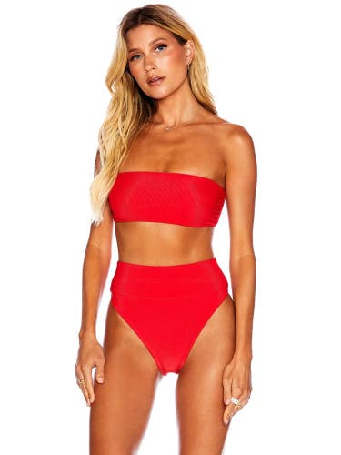 Beach Riot Highway Bikini Bottom Women XS Red Ribbed High Waist Swimwear GBO1128