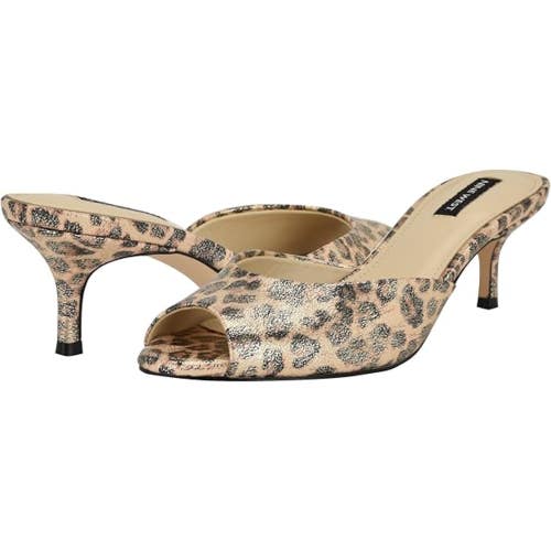 Nine West Luvlie Sandal Women 7.5 Gold Shimmer Leopard Kitten Heel Slide GAL2108