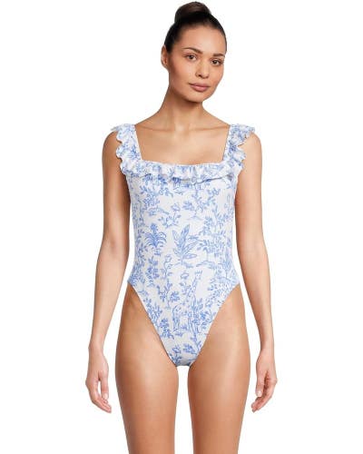 Lilly Pulitzer Aemma Swimsuit Women's 14 White Tropical Ruffle One-Piece GBO1266