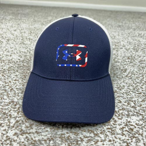 Under Armour Fish Hat Cap Flex Mens One Size Blue White USA Flag Mesh Patriotic