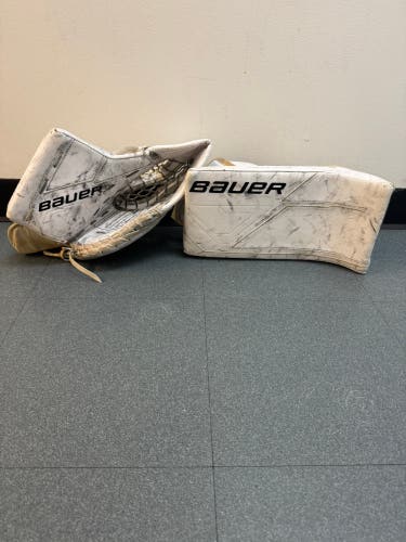 White Intermediate Bauer Supreme M5 Pro Goalie Gloves & Blockers Regular (Used)