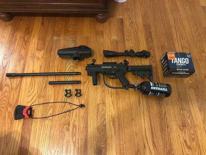 Tippmann A5 semi-auto paintball marker + accessories (Used)