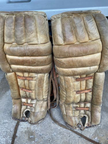 Brown goalie pads and blocker