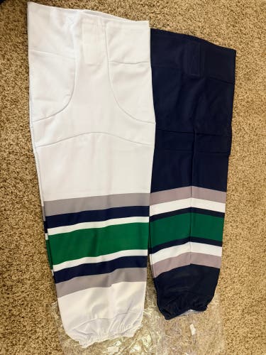 2 pairs of 25” hockey socks, home and away)  blue/white/green (NEW)