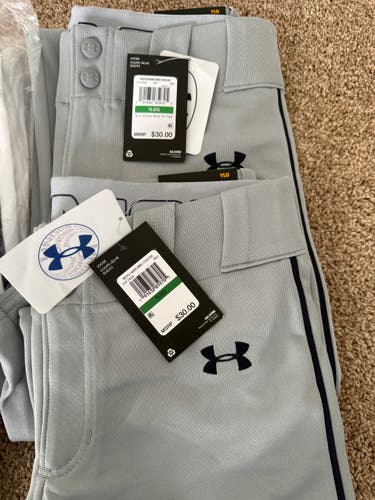 NWT Under Armour Utility Piped YLG Baseball Pants, Gray/Midnight Navy (New) Qty 2
