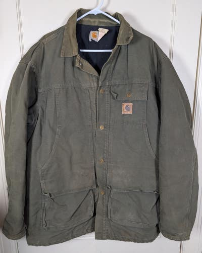 Vintage Carhartt CQ5566 Green Quilt Lined Duck Canvas Work Coat Jacket Size: XLT