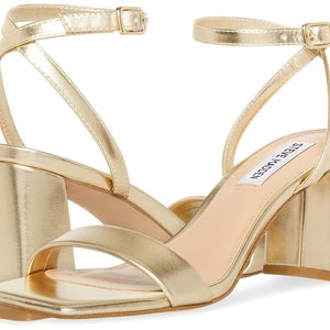 Steve Madden Luxe Sandals Women 5.5 Gold Leather Block Heel Ankle Strap HAWK1332