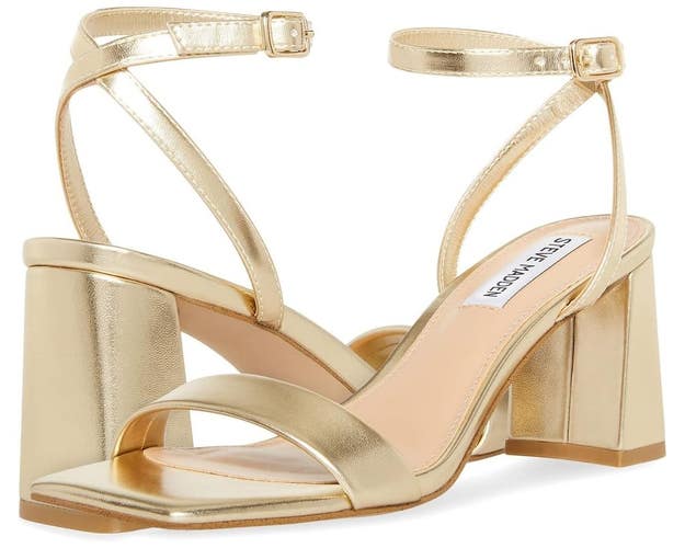 Steve Madden Luxe Sandals Women 5.5 Gold Leather Block Heel Ankle Strap HAWK1332