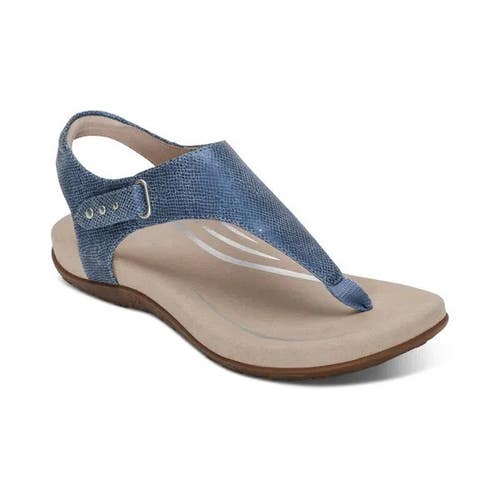 Aetrex Ellie Thong Sandals Women's 7.5 Blue Faux Leather Hook & Loop HAWK1406
