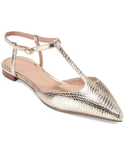 Cole Haan Marlah Ballet Flats Womens 8 Gold Snake Print Leather T-Strap HAWK1663