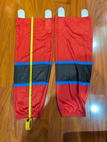 Red Senior XL Socks (New) - Red with Black and Royal Blue Stripes - 30in