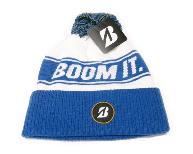 NEW Bridgestone Knit Boom It White/Blue Pom Pom Winter Beanie Golf Hat/Cap