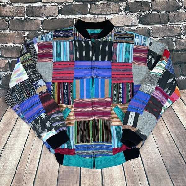 Vintage Nim-Kem Hand Woven Fabric Aztec Patchwork Hippie Jacket RARE Size XL