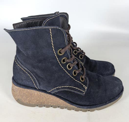Fly London Nero Navy Blue Suede Leather Wedge Bootie Women's Size 39 / 8.5-9