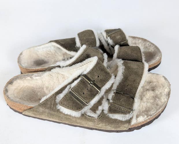 Birkenstock Arizona Shearling Lined Green Suede Sandals Shoes Women's 39 / 8