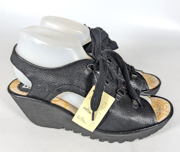 FLY London Ylfa Black Slingback Lace Up Wedge Sandals Comfort  Size 40 / 9