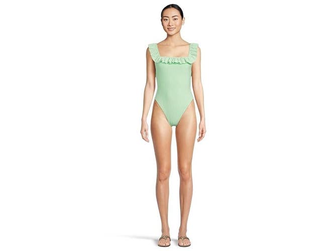 Lilly Pulitzer Aemma Swimsuit Women's 8 Green Ruffle Stretch One Piece GBO948