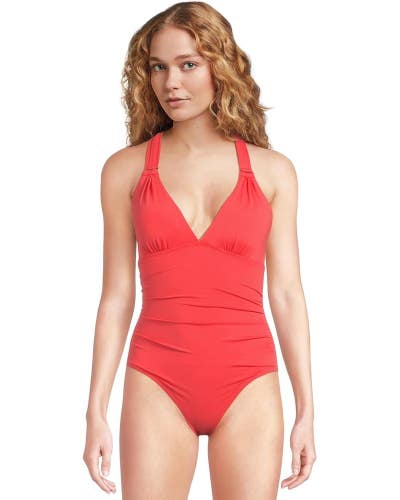 Tommy Bahama Novelty Pearl One Piece Women's 14 Coral V Neck Swimsuit GBO1000