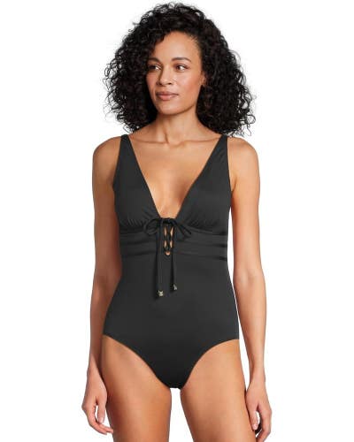 Tommy Bahama Pearl Swimsuit Women's 6 Black Stretch Tie-Front One-Piece GBO994