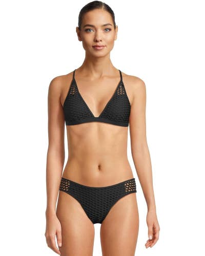 Becca Castaway Fishnet Halter Bikini Top Women D-Cup Black Tie Back Swim GBO1007