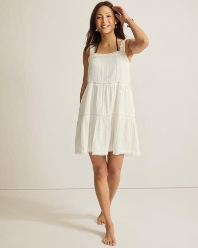 Tommy Bahama Mykonos Coverup Sundress Womens XS Coconut Gauze Tiered Swim GBO989