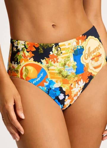 Seafolly Ciao Bella Bikini Bottom Womens 10 Navy Graphic Print High Waist RED413