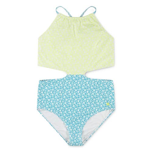 Hurley Swimsuit Girl 16 Green Blue Ditsy Floral Halter Monokini One Piece GBO820