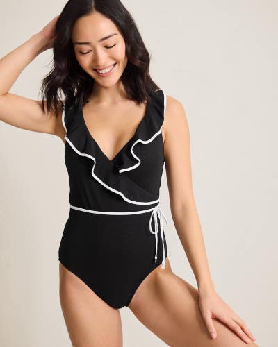 Tommy Bahama Island Cays Cabana Swimsuit Women Black Wrap Front One-Piece GBO722