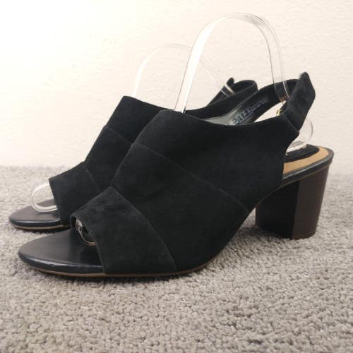 Clarks Artisan Sandals Womens Size 10 Slingback Black Suede Open Toe Block Heel