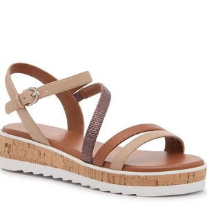 Marc Fisher Sandals Woman's US 7 Beige Cognac Ankle Strap Wedge Heel HAWK1717