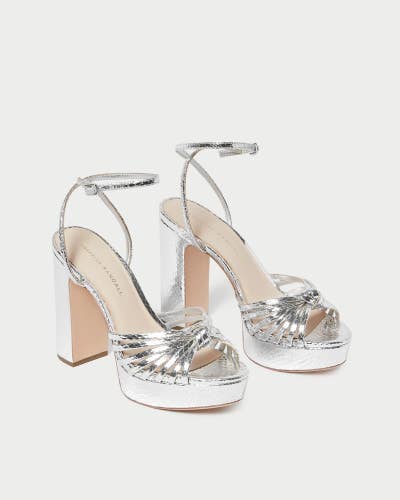 Loeffler Randall Rivka Sandal Women 8.5 Silver Knot Platform Block Heel HAWK1735