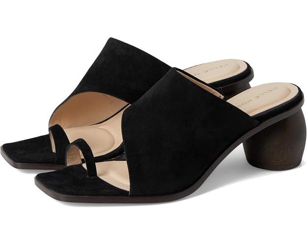 Pelle Moda Lahni Slide Women 7.5 Black Leather Toe Loop Block Heel Sandal VER767