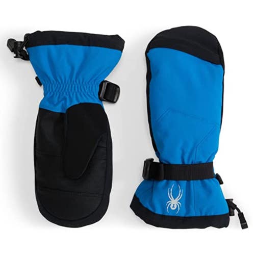 Spyder Finn Ski Mitten Kid Large Blue Black Adjustable Wrist Strap Gloves JZZ499