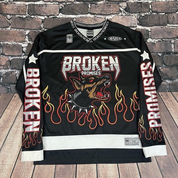 Broken Promises Big Bark Flames Hockey Jersey Double Sided All Over Size Medium