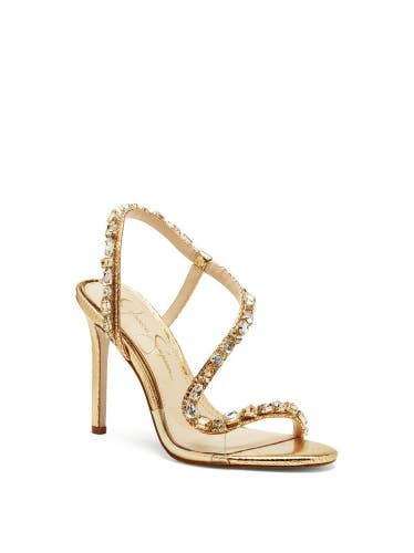 Jessica Simpson Jaycin Sandals Women's 9 Gold Rhinestone Stiletto Heel HAWK1819