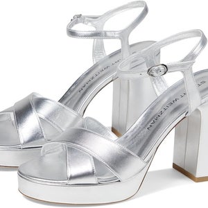Stuart Weitzman Dayna Women 6.5 Silver Crisscross Strap Platform Sandal HAWK1872