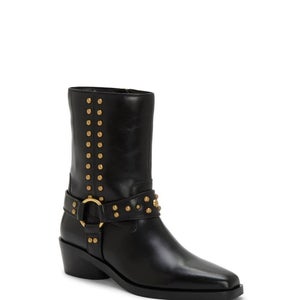 Vince Camuto Roista Boots Womens US 8 Black Leather Studded Moto Bootie HAWK1998
