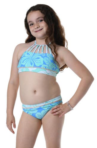 Hobie Honolulu Swim Set Girl 7 Blue Moon Floral Strappy Halter Neck Beach JZZ383