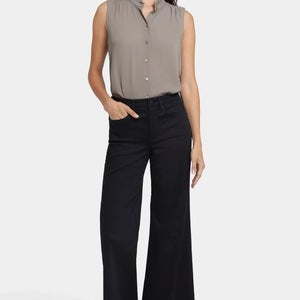 NYDJ Mia Jeans Women 12 Black Denim High Rise Flared Leg Palazzo Zip Fly GBO1945
