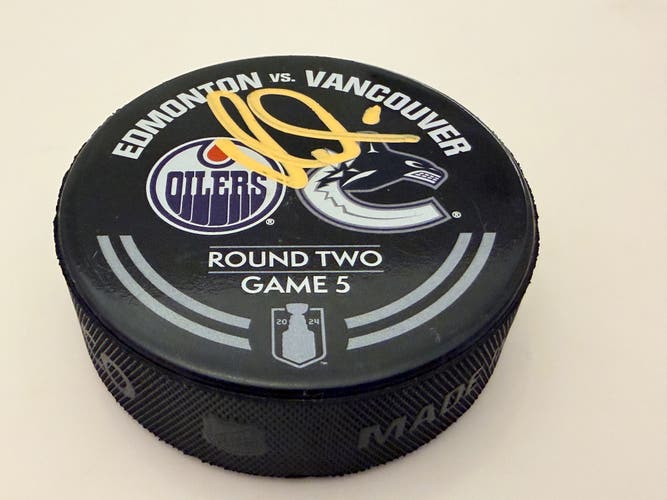 Official Oilers Canucks Game 5 2024 Playoffs Vasily Podkolzin Autograph Puck