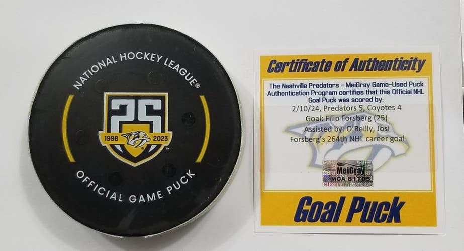 2-10-24 FILIP FORSBERG Nashville Predators Arizona Coyotes Game Used GOAL Puck