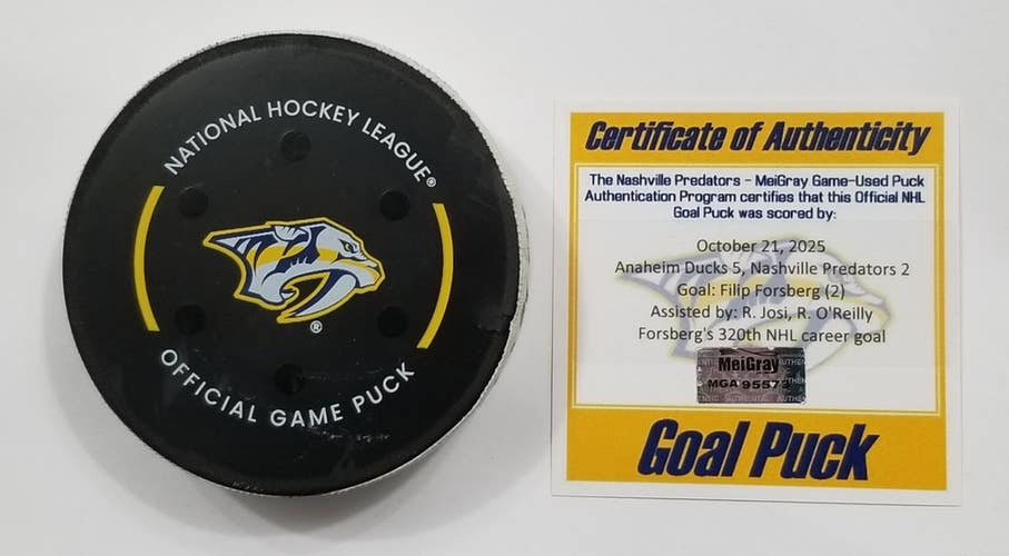 10-21-25 FILIP FORSBERG Nashville Predators vs Anaheim Ducks Game Used GOAL Puck