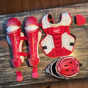 Red Rawlings Velo 2.0 Chest Protector & Mask, Red Rawlings Mach Leg guards (Used)