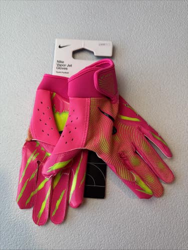 Nike Vapor Jet 8.0 Youth Size LG Football Gloves Pink/Neon Yellow  (INV#18)
