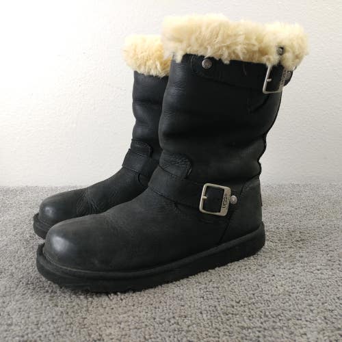 UGG Kensington Moto Biker Boots Womens 6 Shoes Black Mid-Calf Buckle Lined