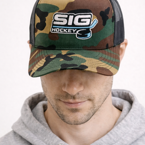 Camo Front/Black Mesh SIG Hockey Trucker Snapback-Original SIG Hockey Logo
