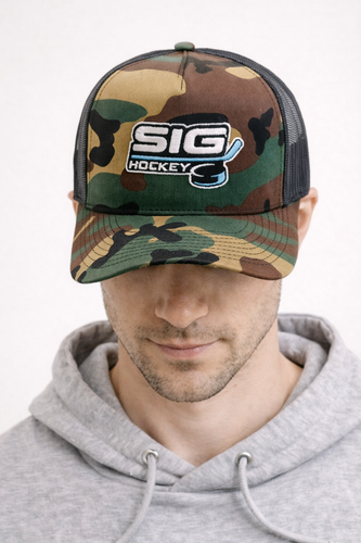 Camo Front/Black Mesh SIG Hockey Trucker Snapback-Original SIG Hockey Logo